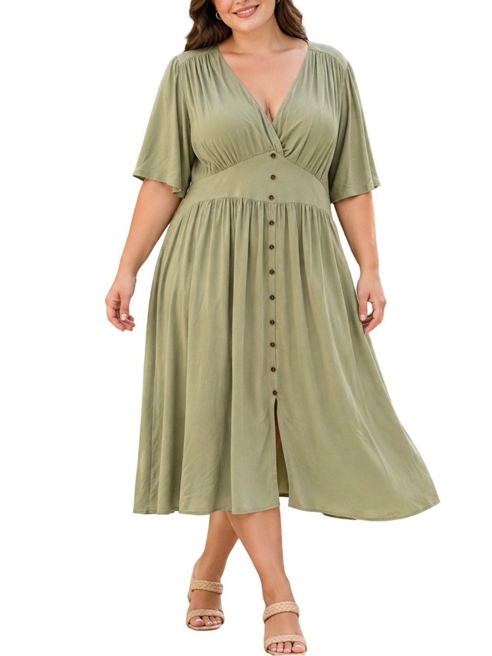 BloomChic Olive Green Button-Front Midi Dress, Size 22–24